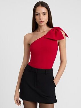 NWT Express Bow Red One-Shoulder Bodysuit Red Valentine’s Date Dressy Top Size M